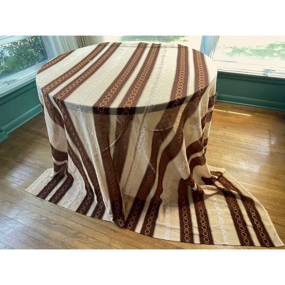 Vintage 70s curtain, tan, brown and orange stripes, rod header, single panel - Picture 1 of 10